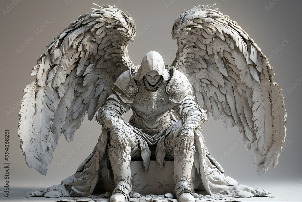 Fototapeta premium Detailed, majestic, angelic warrior with grand wings, seated, serene expression, fantasy art concept
