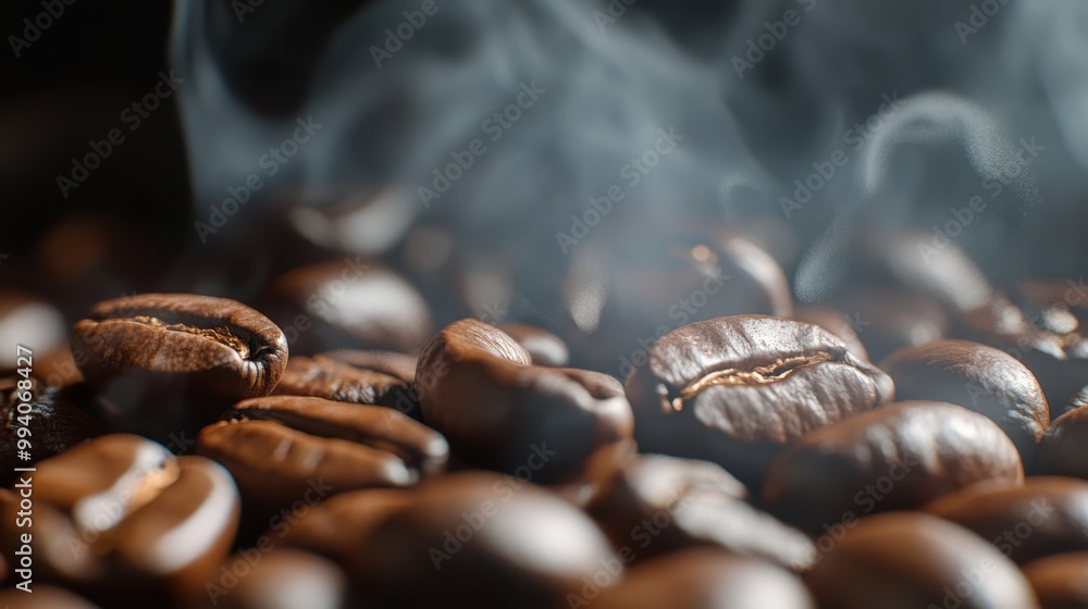 Steaming roasted coffee beans in close-up, aromatic and rich in color. Steaming roasted coffee beans in close-up, aromatic and rich in color.