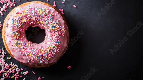 A delicious donut topped with vibrant pink glaze and an array of colorful sprinkles placed on a textured black surface, highlighting the contrast and making it visually appealing.