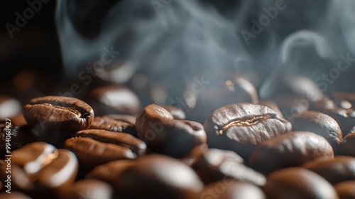 Steaming roasted coffee beans in close-up, aromatic and rich in color.