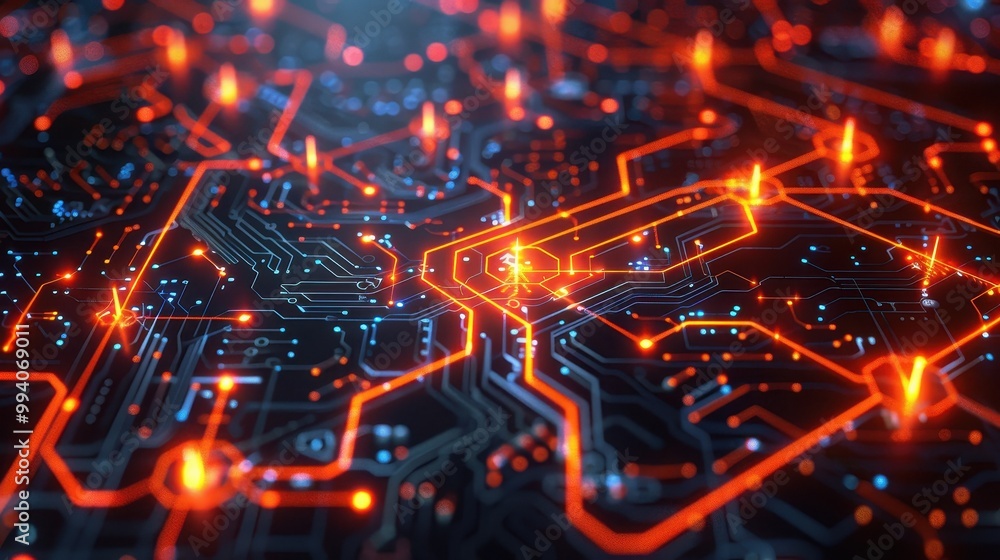 Vibrant close-up of a digital circuit board with glowing orange lights, representing technology and innovation. Vibrant close-up of a digital circuit board with glowing orange lights, representing technology and innovation.