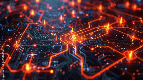 Vibrant close-up of a digital circuit board with glowing orange lights, representing technology and innovation.