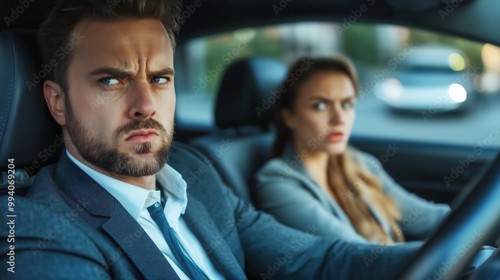 Inside a car featuring a man in a suit driving with a frustrated expression, alongside his girlfriend sitting in the passenger seat. The man’s face shows irritation. Inside a car featuring a man in a suit driving with a frustrated expression, alongside his girlfriend sitting in the passenger seat. The man’s face shows irritation.