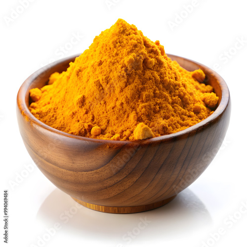 Turmeric powder in a bowl with turmeric slice. Turmeric Powder In a wooden bowl. Turmeric slices in a white background.