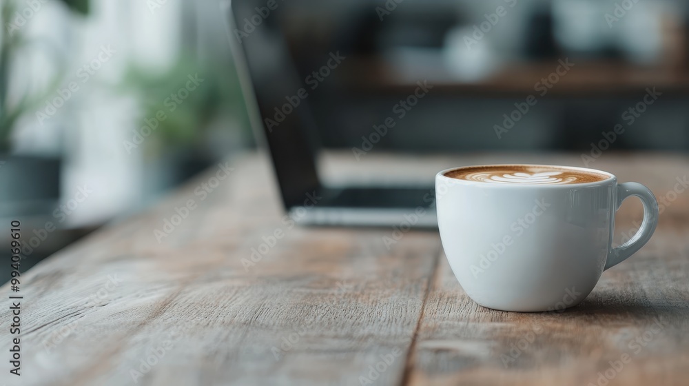 A clean, white coffee cup filled with latte art sits on a rustic wooden table, accompanied by a laptop in the background, symbolizing a perfect balance between work and relaxation. A clean, white coffee cup filled with latte art sits on a rustic wooden table, accompanied by a laptop in the background, symbolizing a perfect balance between work and relaxation.