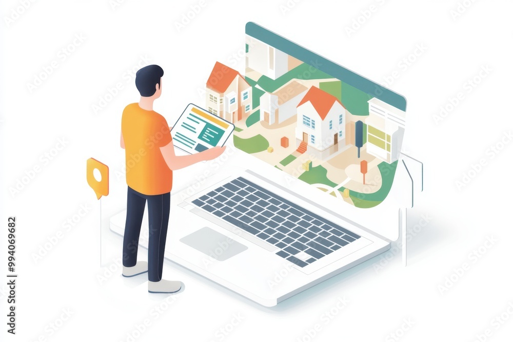 a man searching for real estate on the internet, with houses and a laptop with a map in the background, in an isometric view, using a white and simple color Generative AI a man searching for real estate on the internet, with houses and a laptop with a map in the background, in an isometric view, using a white and simple color Generative AI