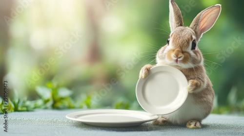 Adorable bunny rabbit holding a small white plate, sitting upright on a surface with a blurred green background, looking expectantly at the camera. photo