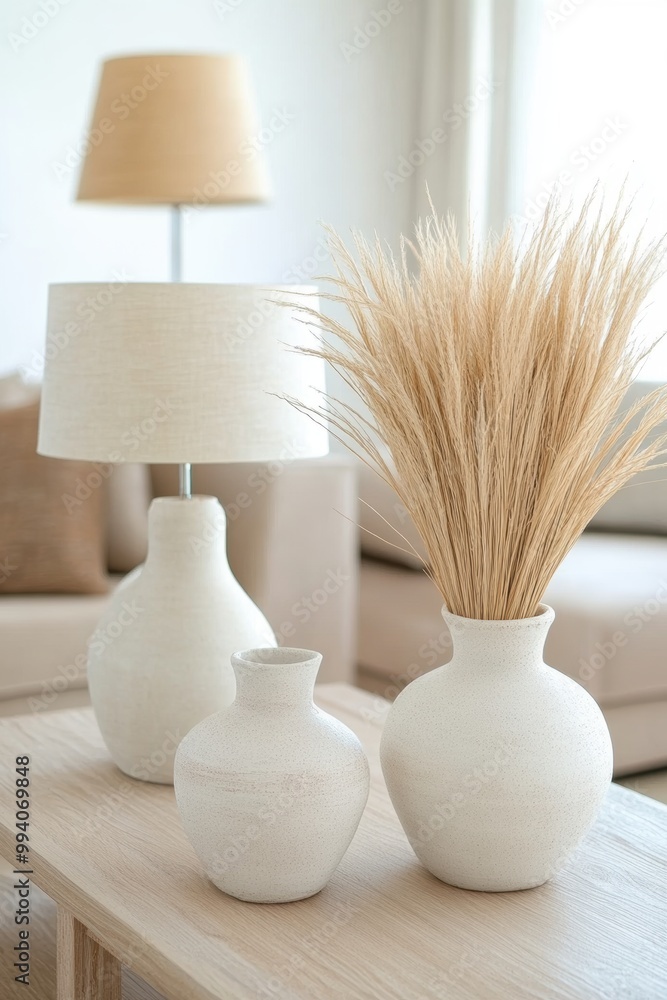 Serene interior with ceramic vases decorative table lamp Serene interior with ceramic vases decorative table lamp