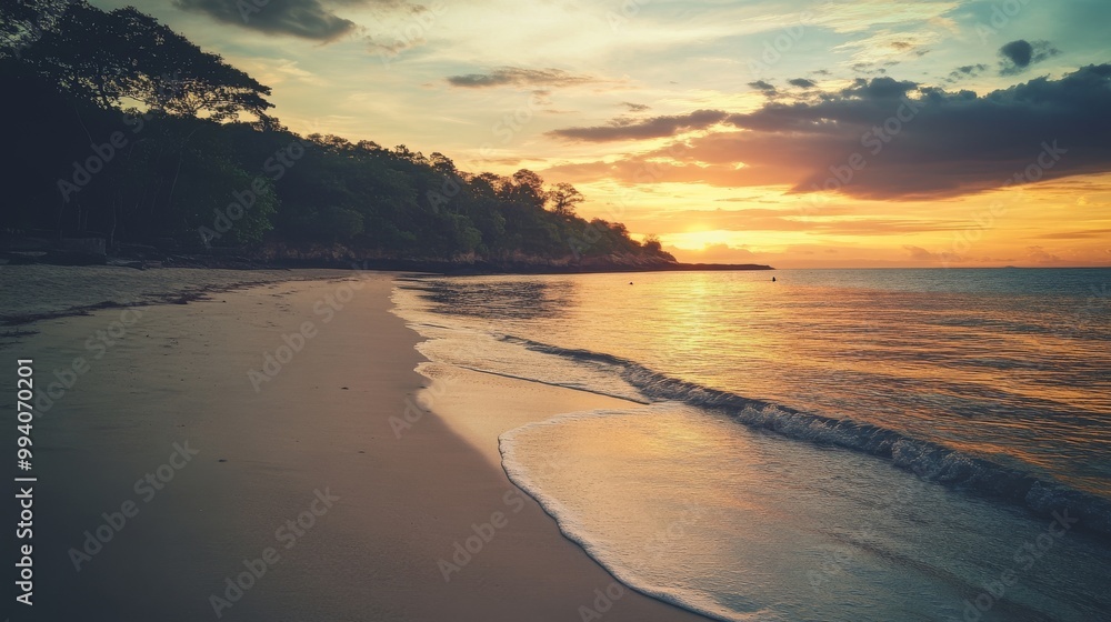 Fototapeta premium A beautiful sandy beach at sunset, captured with a warm and nostalgic filter.