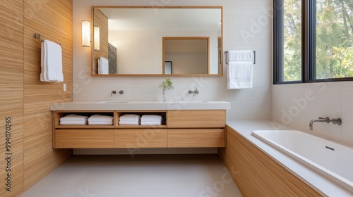 Modern bathroom interior featuring wood accents, clean lines, and natural light, perfect for showcasing elegance and relaxation.