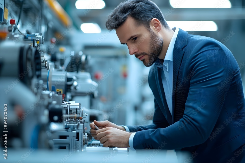 Polished Businessman Inspecting Cutting Edge Industrial Machinery with Chiaroscuro Lighting and Retro Futuristic Aesthetic Polished Businessman Inspecting Cutting Edge Industrial Machinery with Chiaroscuro Lighting and Retro Futuristic Aesthetic