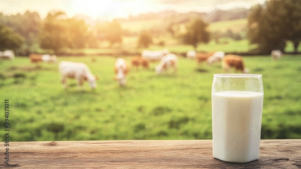 White milk carton and glass of milk on a wooden table, cows grazing on a sunny day in the background, fresh dairy concept White milk carton and glass of milk on a wooden table, cows grazing on a sunny day in the background, fresh dairy concept