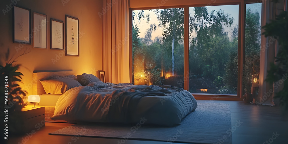 A serene bedroom with a large window showing a calming sunset, cozy bed, soft lighting, and minimalist decor, ideal for optimizing sleep and creating a peaceful nighttime environment, generative ai A serene bedroom with a large window showing a calming sunset, cozy bed, soft lighting, and minimalist decor, ideal for optimizing sleep and creating a peaceful nighttime environment, generative ai