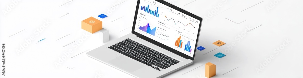 A laptop displaying data visualizations and graphs on a minimalist background. A laptop displaying data visualizations and graphs on a minimalist background.