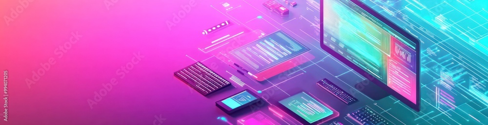 Fototapeta premium Abstract digital design featuring devices and code, representing technology and innovation.