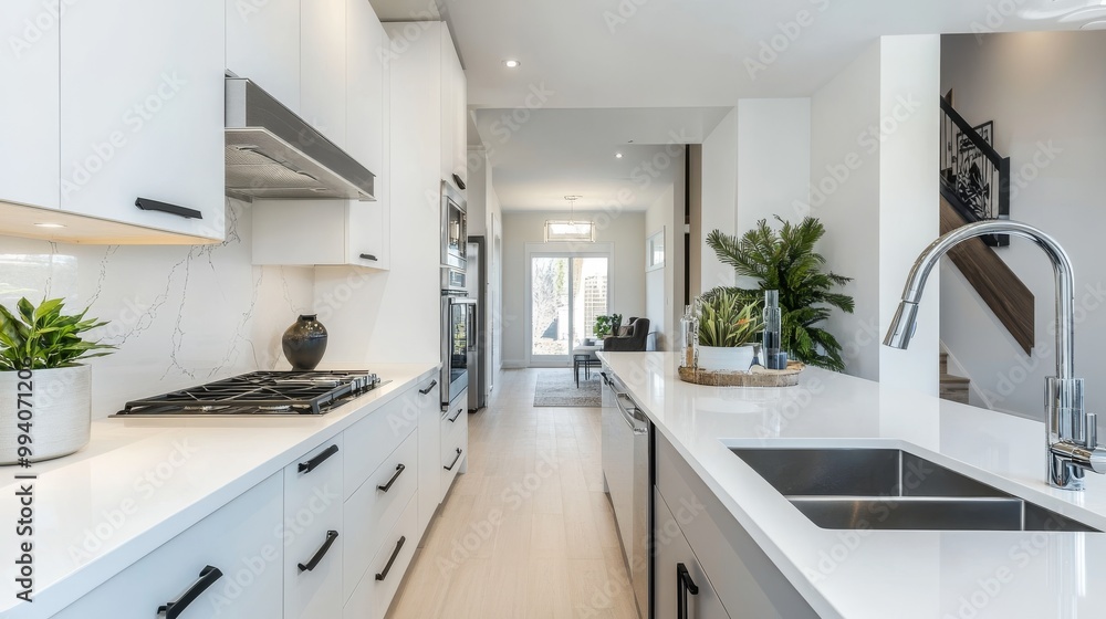 Fototapeta premium A bright, modern kitchen with white countertops.