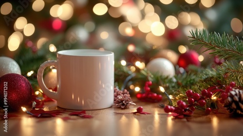 White mug on a table surrounded by festive Christmas decorations, with glowing bokeh lights in the background.