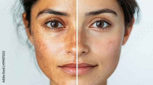 Comparative image of a woman's face showing skin treatment results, highlighting transformation and skincare effectiveness.