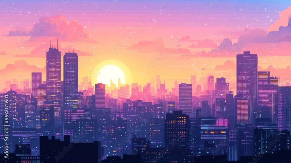 Retro-style digital illustration of a city skyline at sunset with vibrant, colorful hues and pixel art aesthetic. Retro-style digital illustration of a city skyline at sunset with vibrant, colorful hues and pixel art aesthetic.