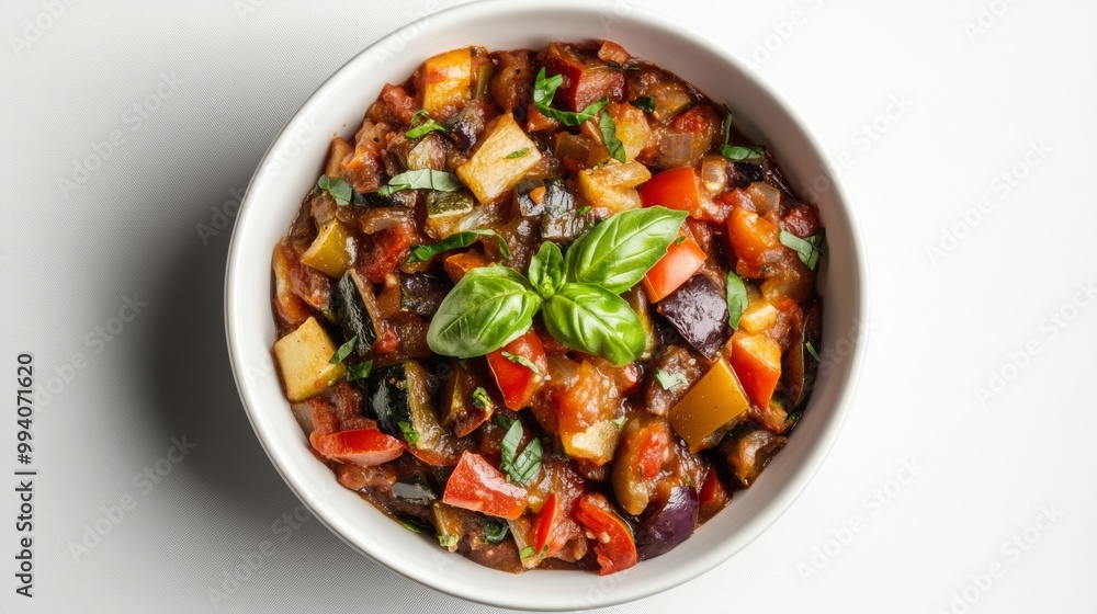 A classic Italian dish, caponata, made with fresh vegetables and basil, is served in a white bowl on a white background. A classic Italian dish, caponata, made with fresh vegetables and basil, is served in a white bowl on a white background.