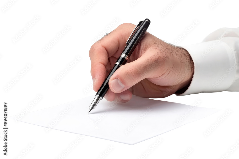 A businessman holding a pen and signing documents, isolated on transparent background, PNG file A businessman holding a pen and signing documents, isolated on transparent background, PNG file
