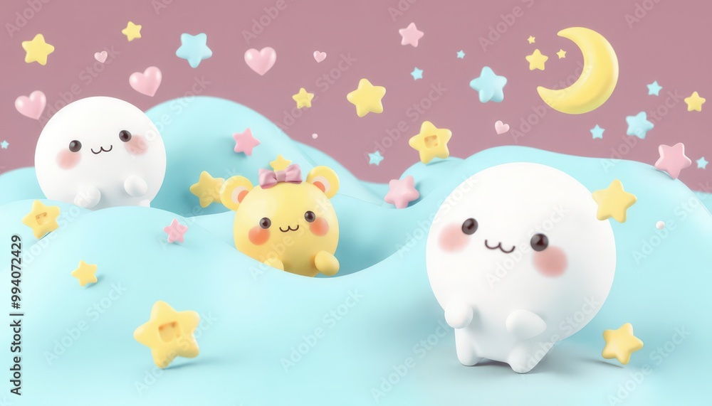 Adorable 3D Cartoon Characters and Stars on a Pastel Background. Adorable 3D Cartoon Characters and Stars on a Pastel Background.