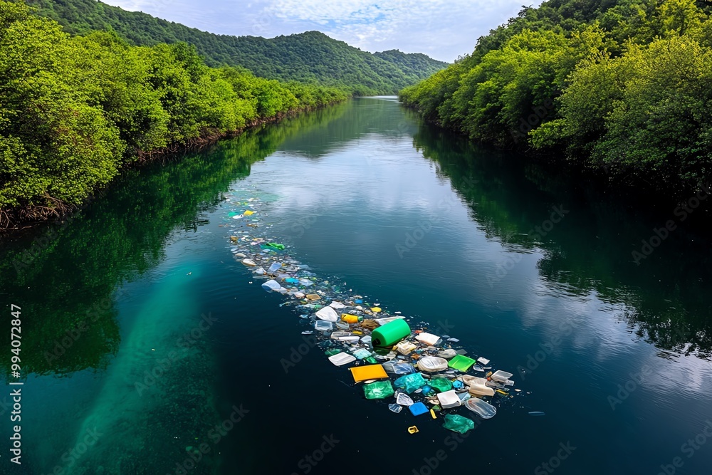 A hyper-realistic image of a polluted river, with plastic waste ...