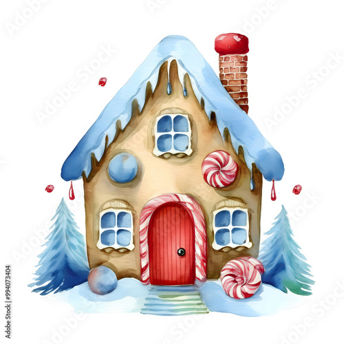 Christmas-red color themed watercolor cute clipart hand drawing, Gingerbread House – Decorated with colorful icing and candy