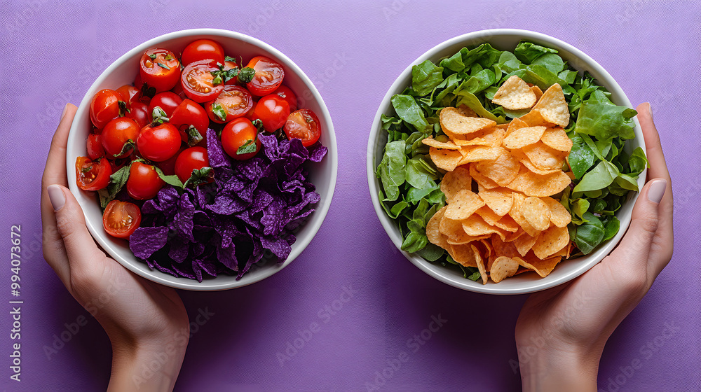 Two Hands Holding a Salad Bowl and Potato Chips on a Picnic Table
Two Hands Holding a Salad Bowl and Potato Chips on a Picnic Table