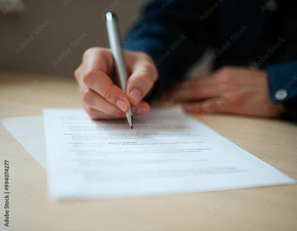 Fototapeta premium A person's hand writing on a document on a desk