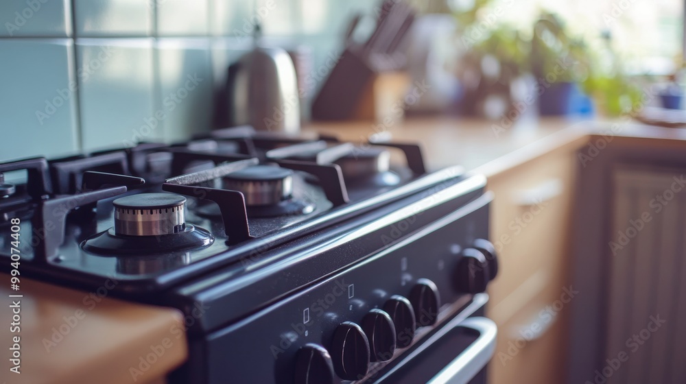 A modern gas stove with four burners and knobs to adjust the heat. It's perfect for cooking meals at home. A modern gas stove with four burners and knobs to adjust the heat. It's perfect for cooking meals at home.