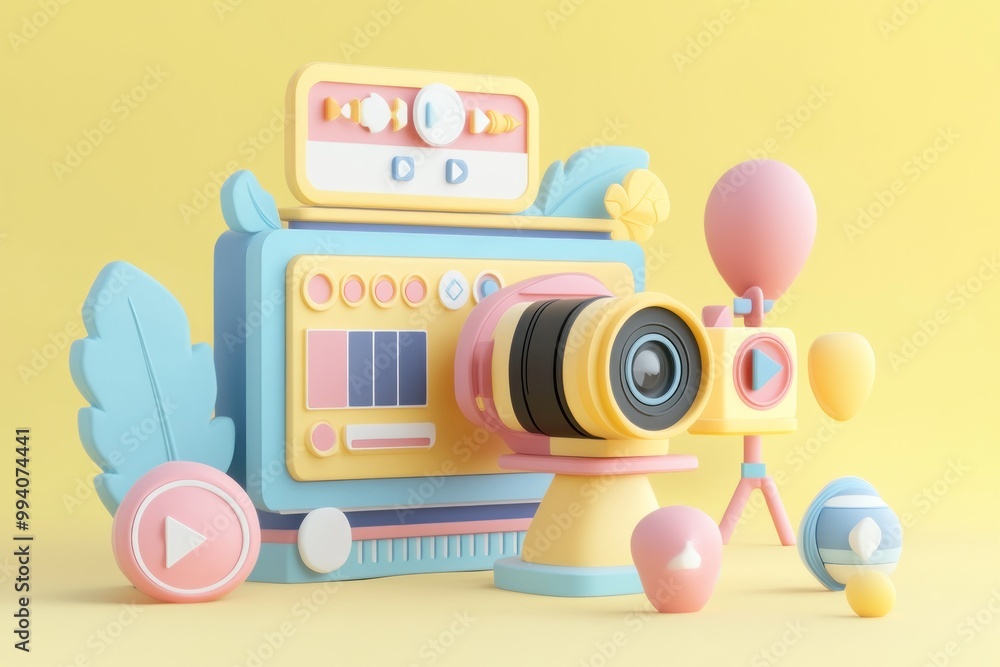 A playful 3D composition featuring a camera and colorful elements, ideal for creative projects. A playful 3D composition featuring a camera and colorful elements, ideal for creative projects.