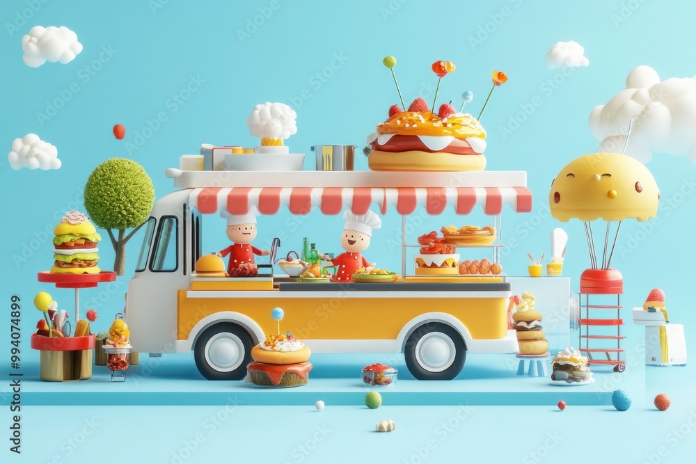 Obraz premium A whimsical food truck scene with chefs, colorful desserts, and playful characters.