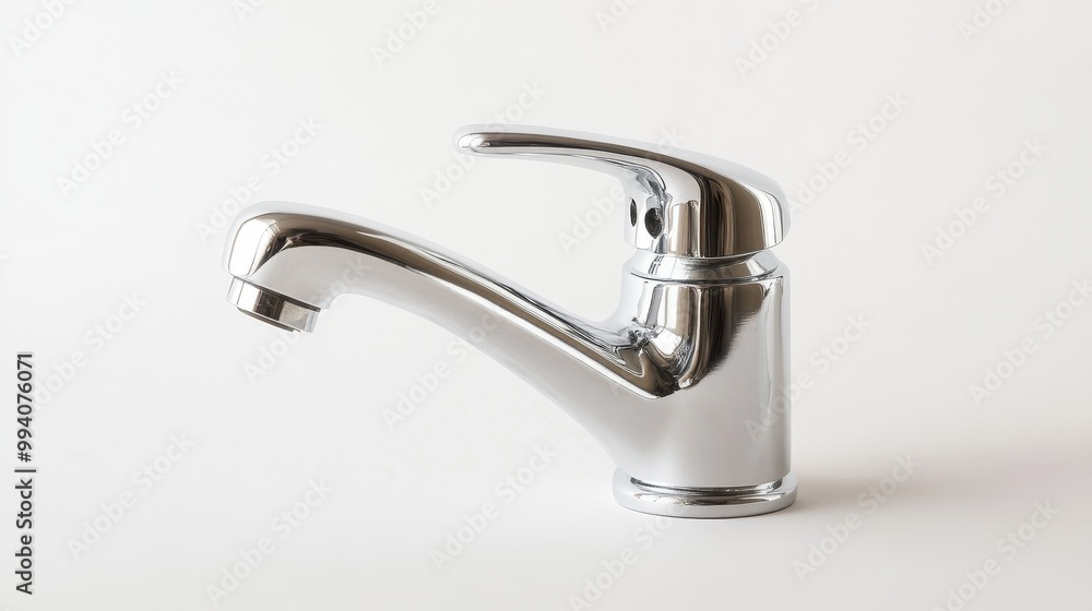A shiny silver faucet against a plain white backdrop. A shiny silver faucet against a plain white backdrop.