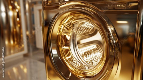 A shiny gold washing machine, shown in a computer-generated image. photo