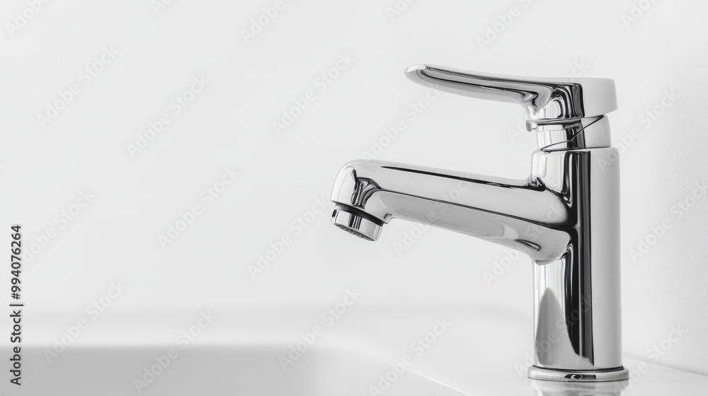 A shiny, silver faucet against a plain white backdrop. A shiny, silver faucet against a plain white backdrop.
