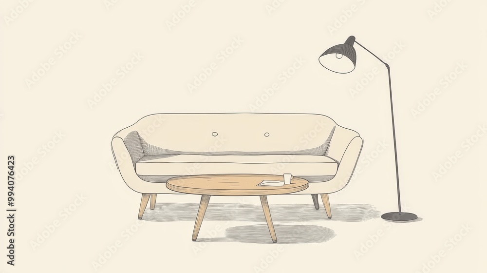 A simple drawing of a modern sofa and coffee table. The sofa has a cushion and the table is made of wood. There's also a floor lamp in the picture. A simple drawing of a modern sofa and coffee table. The sofa has a cushion and the table is made of wood. There's also a floor lamp in the picture.