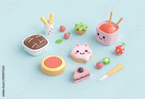 Colorful cartoon desserts on a blue background.