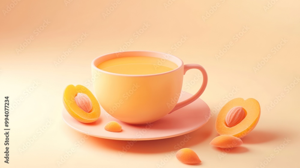 A soft-colored cup of drink beside peach halves and seeds, evoking a serene atmosphere. A soft-colored cup of drink beside peach halves and seeds, evoking a serene atmosphere.