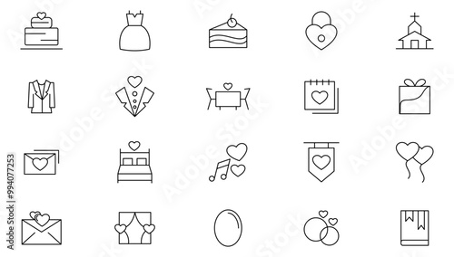 Wedding line icons set set. Love beauty celebration wedding couple bride marriage flat icon collection. UI flat icons collection. Thin outline icons pack