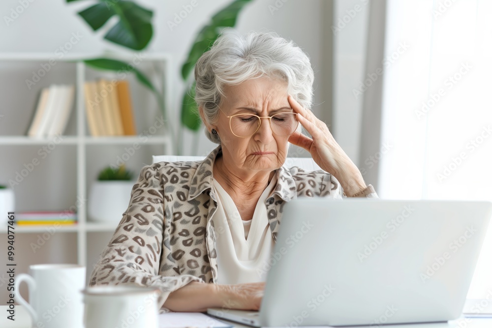 Senior woman struggling with focus and frustration while working on her laptop in a home office with books and plants in the background Senior woman struggling with focus and frustration while working on her laptop in a home office with books and plants in the background