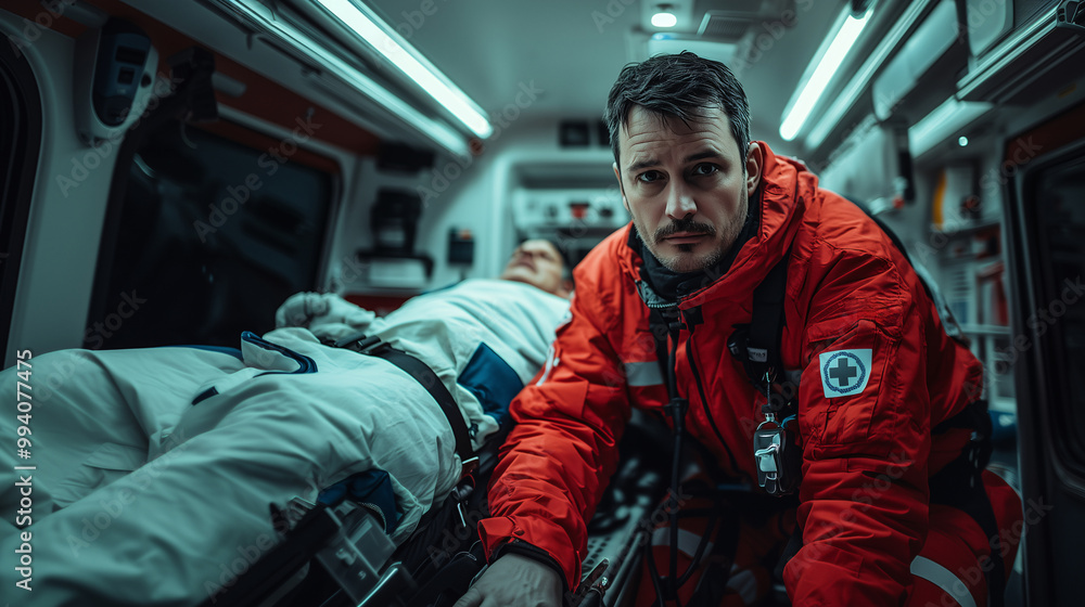 Fototapeta premium Paramedic sitting inside an ambulance next to a patient on a stretcher