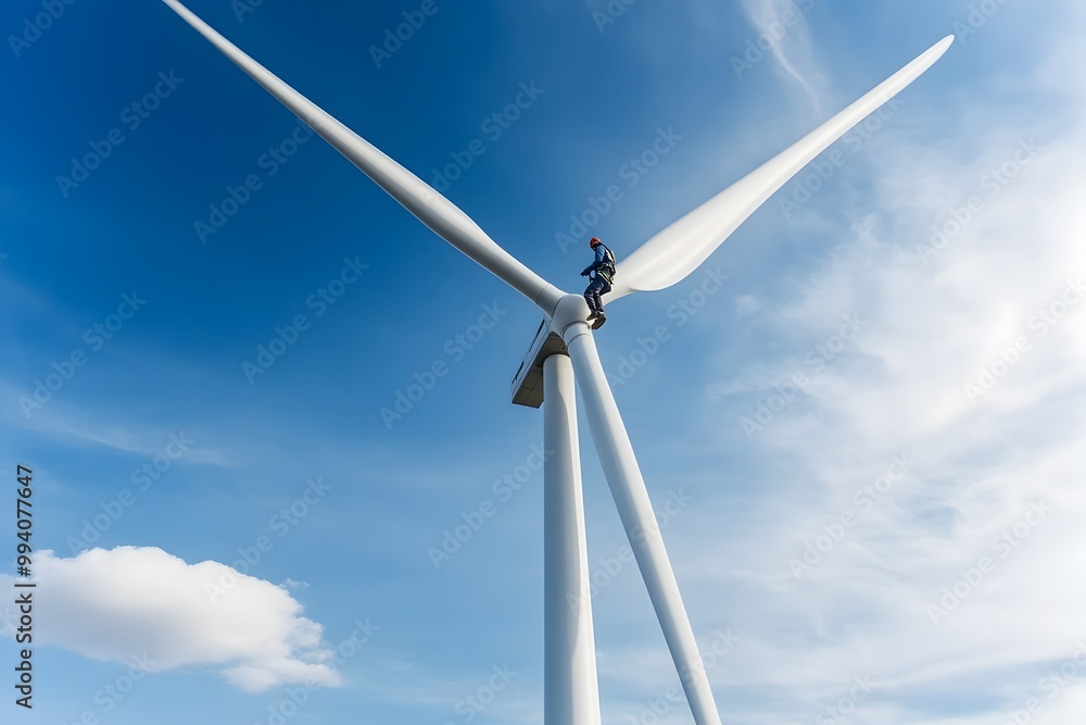 Technician Scaling Massive Wind Turbine for Essential Repairs and Upgrades in Dramatic Retrofuturistic Lighting Technician Scaling Massive Wind Turbine for Essential Repairs and Upgrades in Dramatic Retrofuturistic Lighting