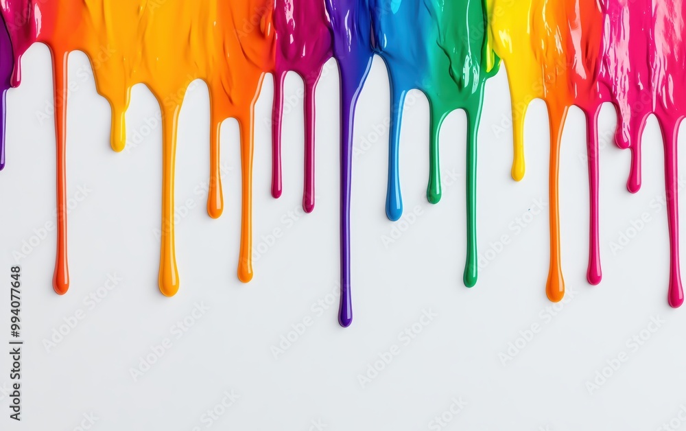 Naklejka premium Vibrant paint drips in a rainbow of colors against a clean white background, perfect for creative and artistic themes.