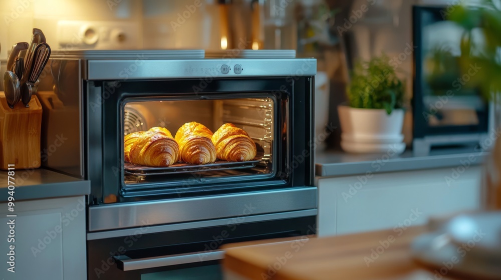 A small, modern electric oven sits in the kitchen, with freshly baked croissants inside. A small, modern electric oven sits in the kitchen, with freshly baked croissants inside.