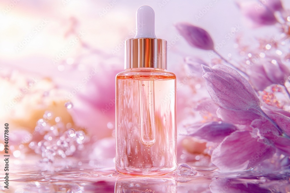 Serene pink skincare serum with blossoms in soft light Serene pink skincare serum with blossoms in soft light