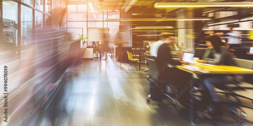 Blurred motion of people working in a modern office with bright lights, business environment. Blurred motion of people working in a modern office with bright lights, business environment.
