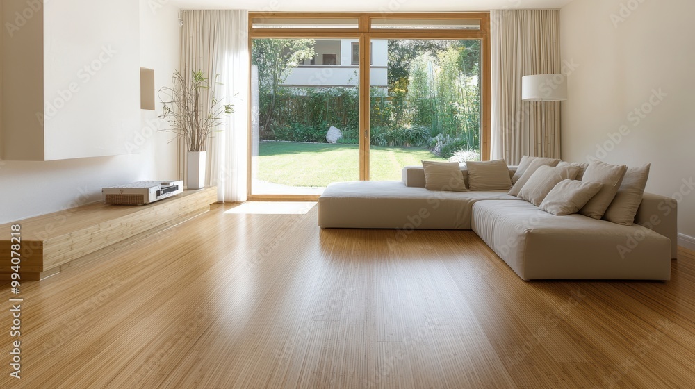 Bright and airy living room with wooden flooring, modern furniture, and large windows overlooking a serene garden. Bright and airy living room with wooden flooring, modern furniture, and large windows overlooking a serene garden.