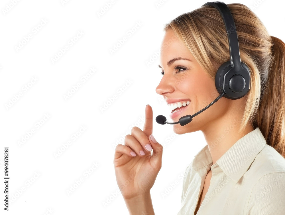 A customer service agent talking on a headset while typing, isolated on transparent background, PNG file
