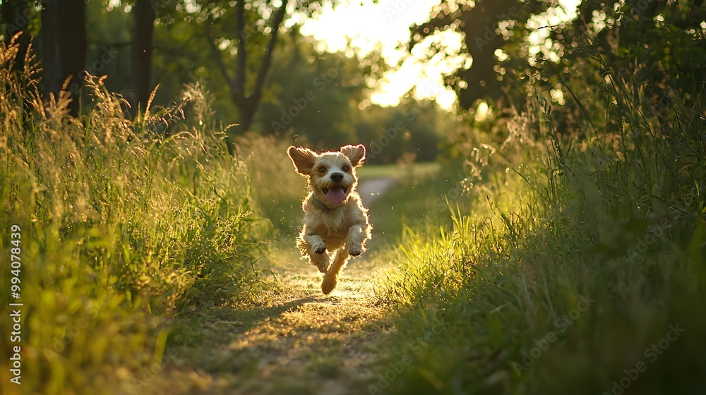 Fototapeta premium A joyful dog leaps through a sunlit path in a green meadow.